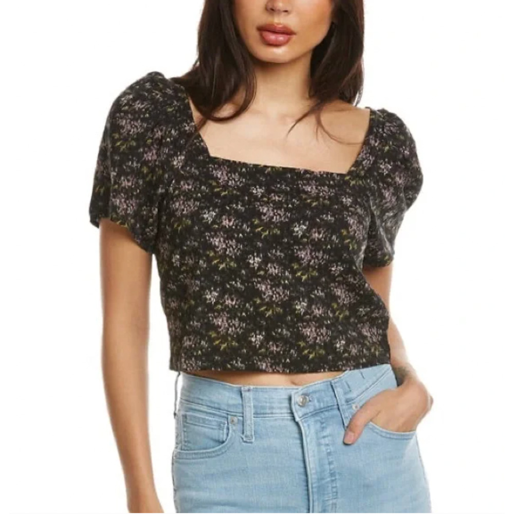 Madewell Womens Gemma Top Medium Black Square Neckline Puff Sleeves Crop Smocked